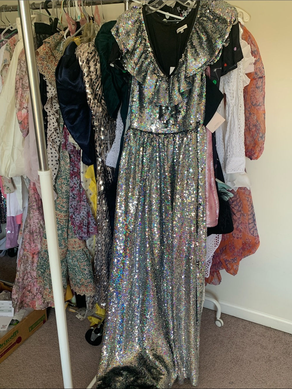 Brand New Silver Sequin Ruffle Maxi Dress - Sparkling Evening Gown